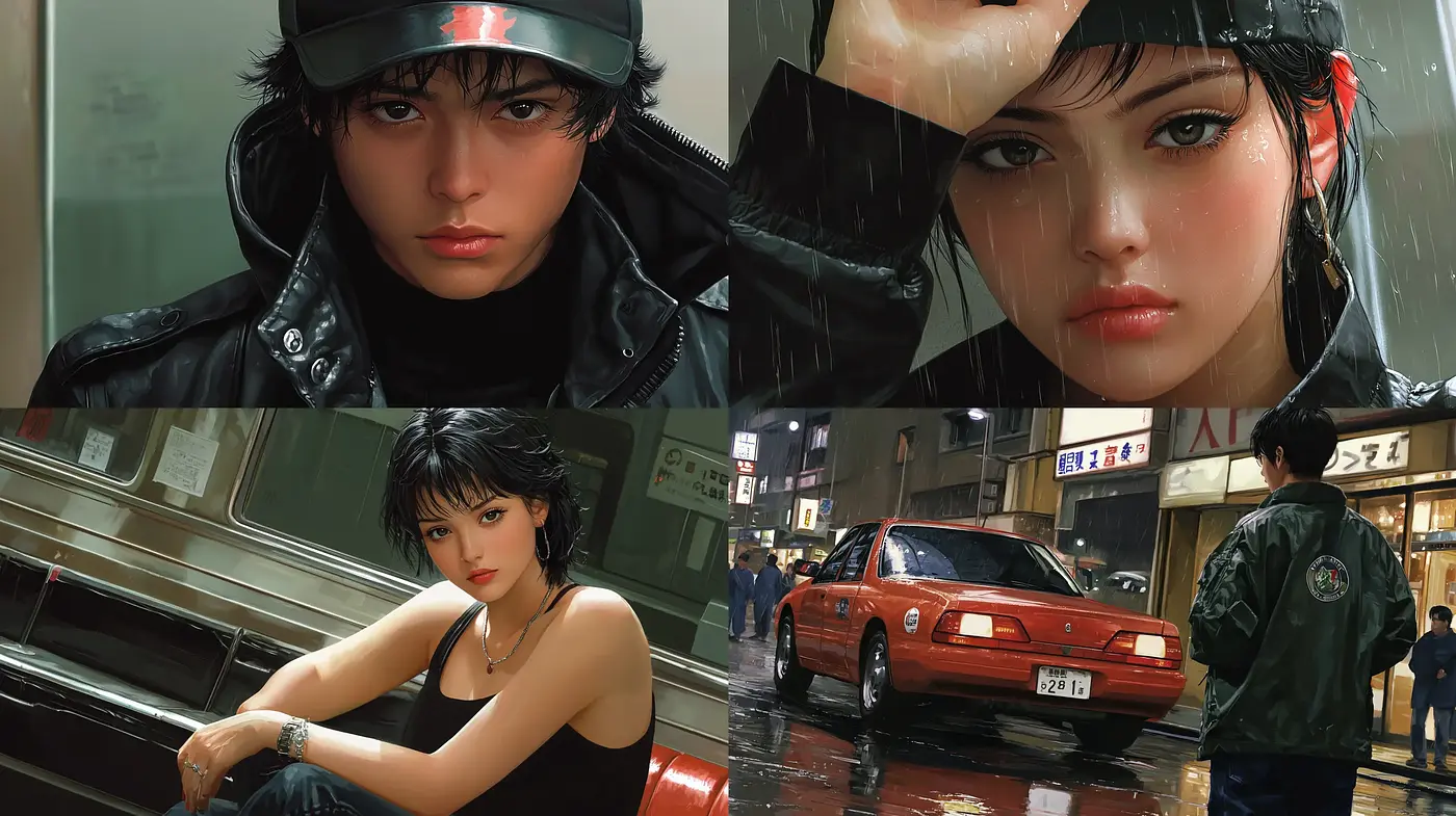 Rain-drenched Neon-lit Hyper-realism - Midjourney sref style