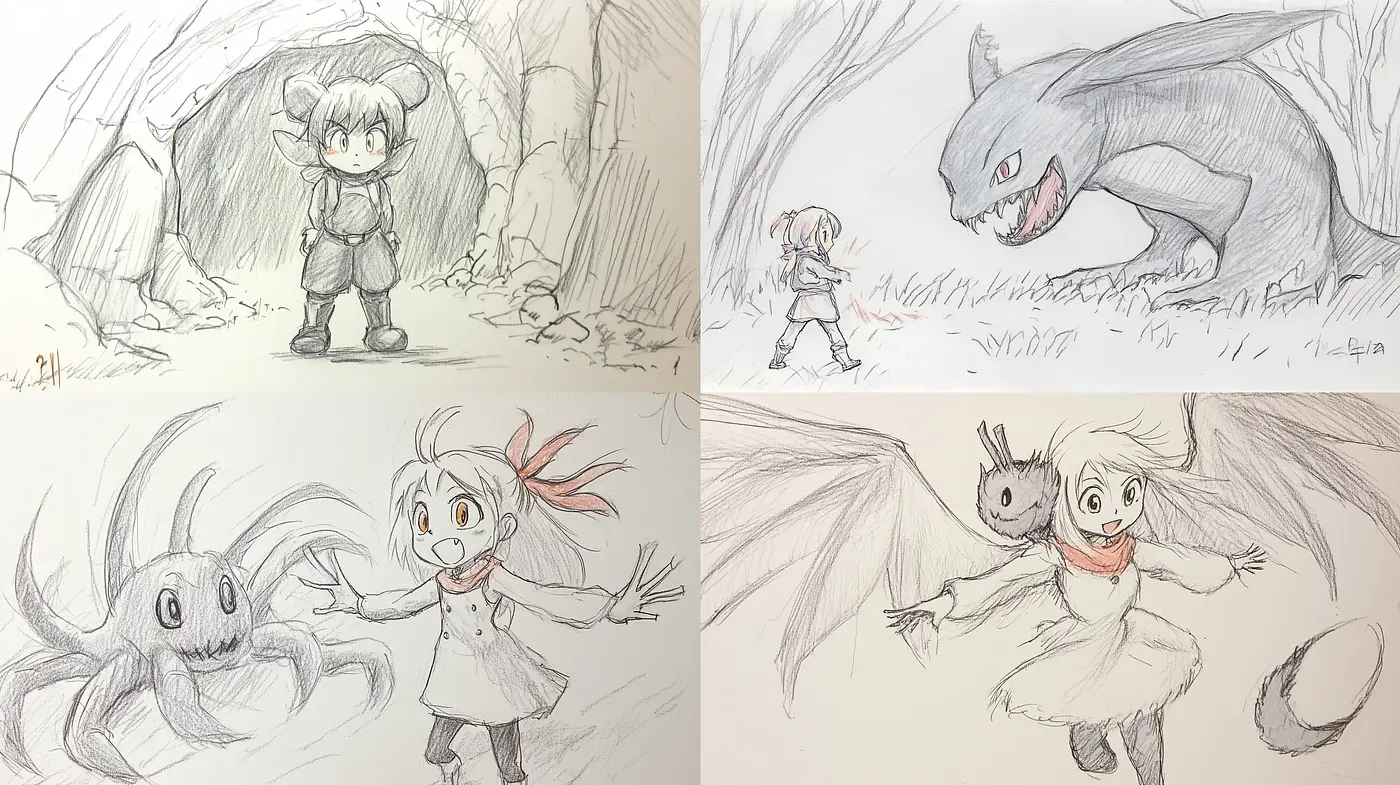 Monochromatic Whimsy: Sketchbook Chronicles of Fantasy Creatures and Childlike Wonder - Midjourney sref style