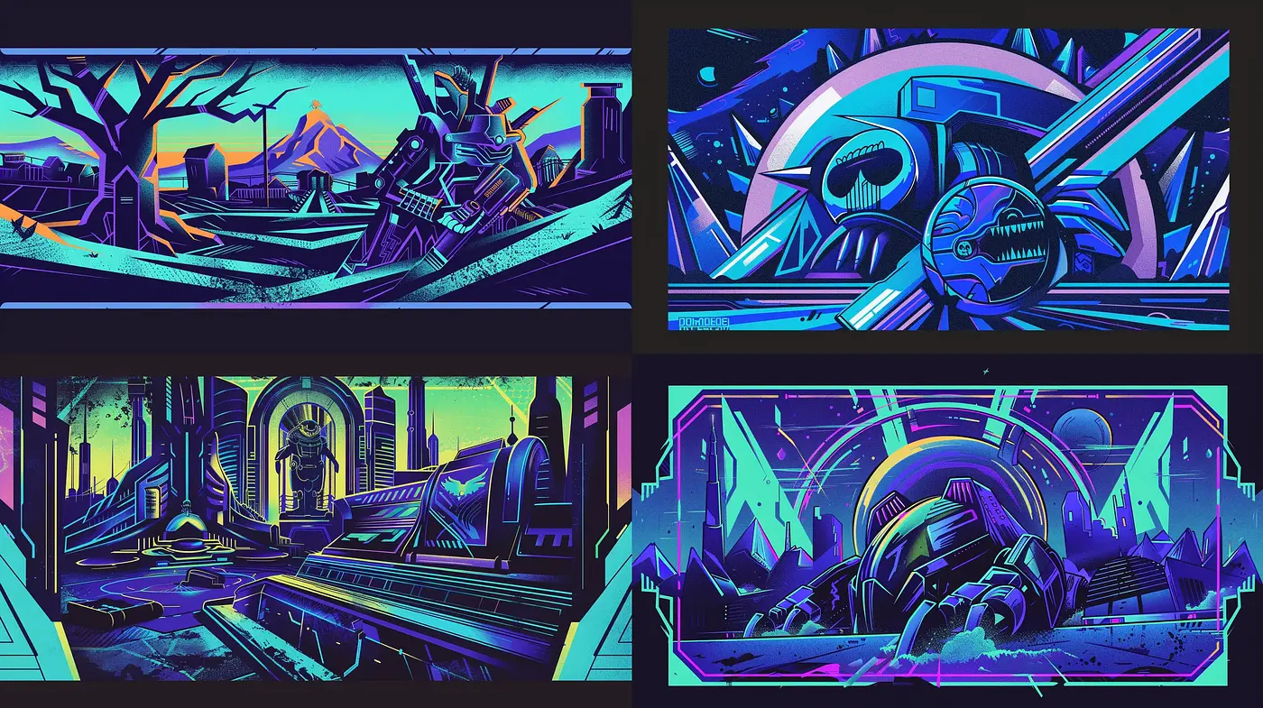 Neon-Noir Dreamscape in Cosmic Ultraviolet - Midjourney sref style