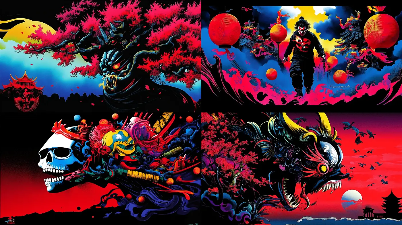Ethereal Nocturnal Panorama with Vivid Hues and Surreal Elements - Midjourney sref style