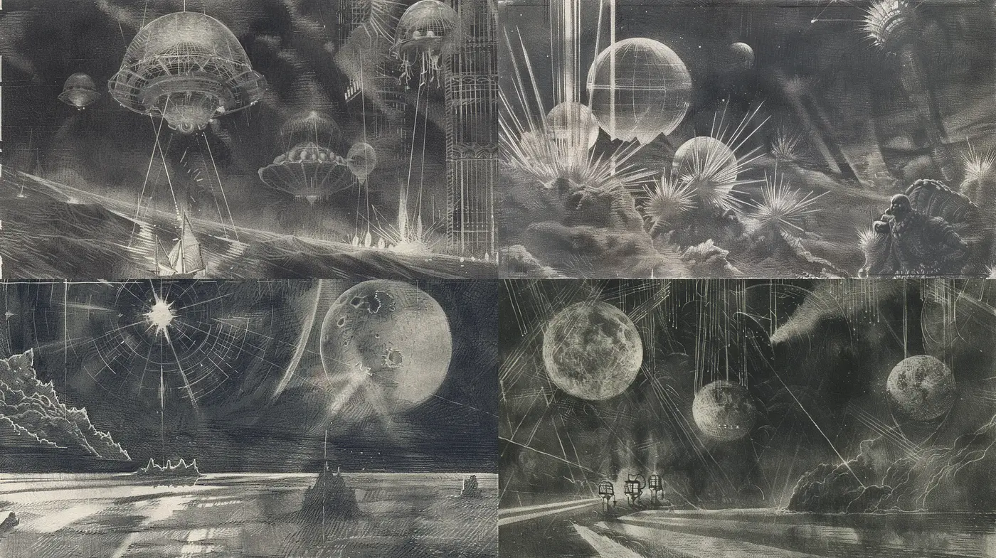 Ethereal Nocturnal Dreamscape: A Contemporary Homage to Sci-Fi Etchings - Midjourney sref style