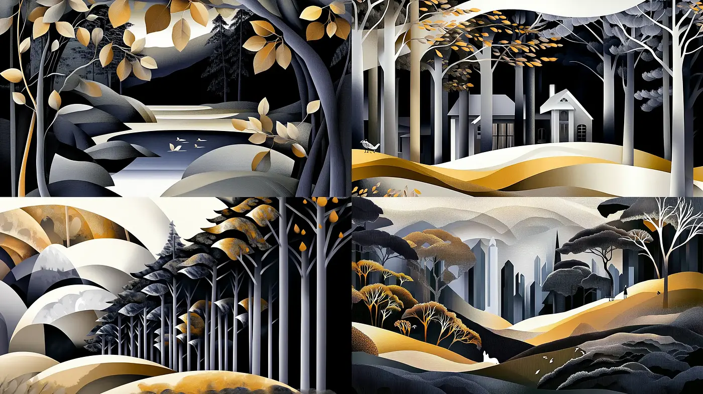 Elegant Contrasts in Stylized Nature: A Study in Monochrome with Golden Accents - Midjourney sref style
