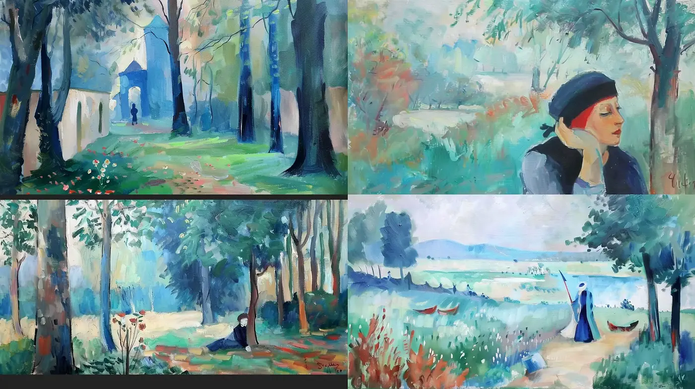 Serene Impressions of Pastoral Landscapes and Contemplative Figures - Midjourney sref style