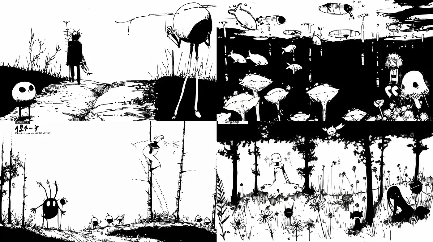 Monochromatic Dreamscape of Surrealist Whimsy - Midjourney sref style