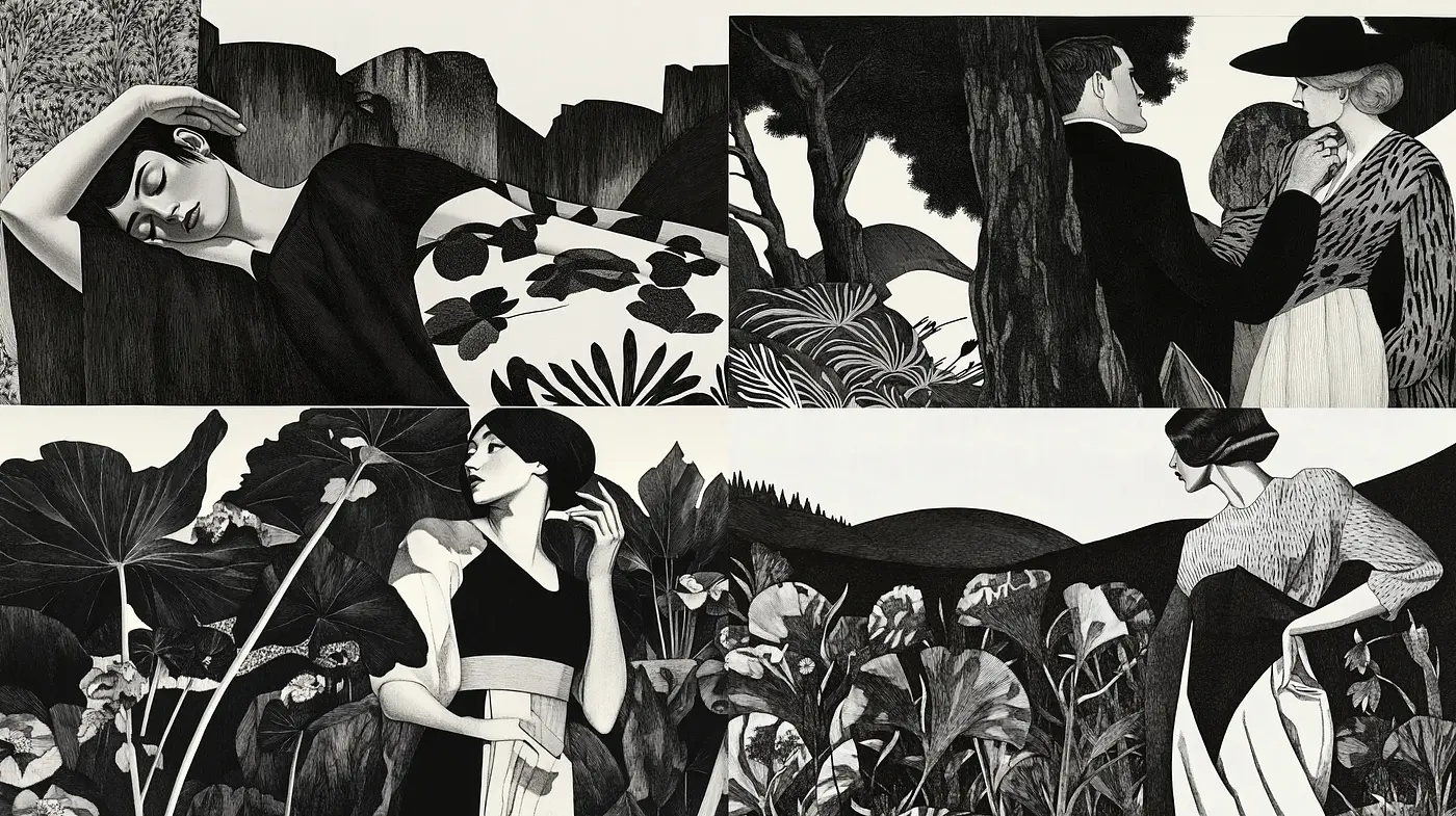 Monochromatic Elegance within Pastoral Serenity - Midjourney sref style
