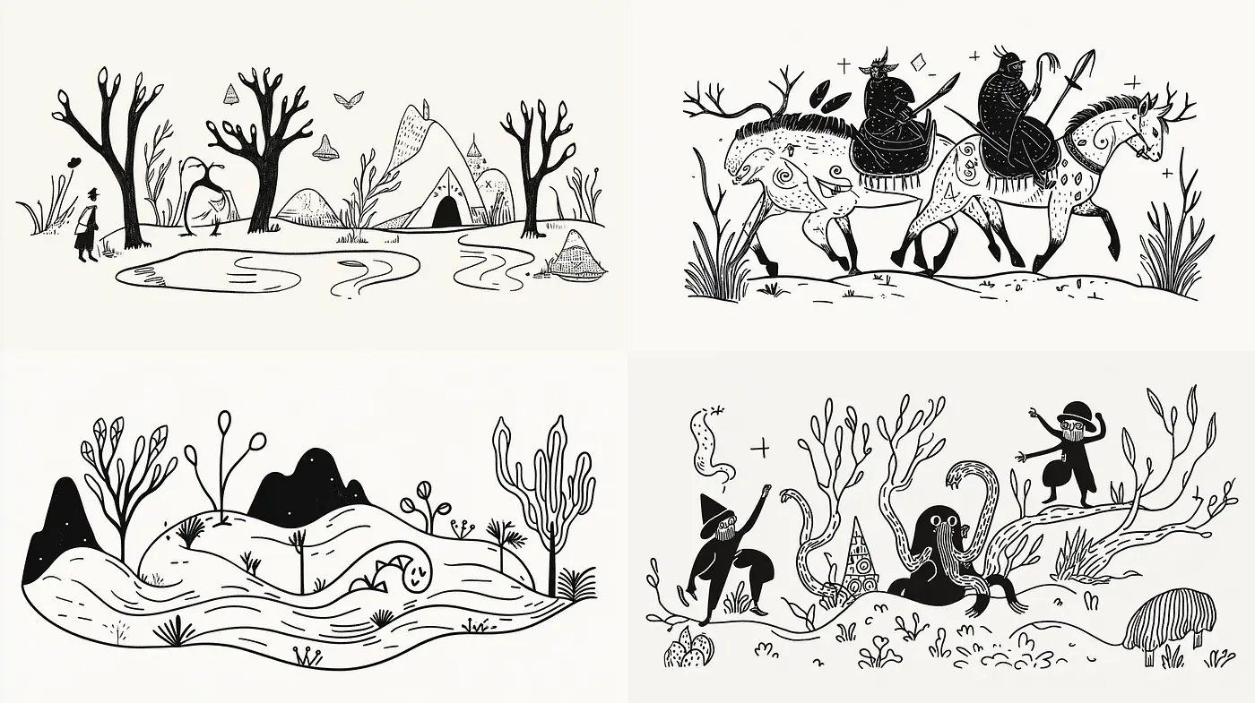 Monochromatic Whimsical Wilderness Scenes - Midjourney sref style