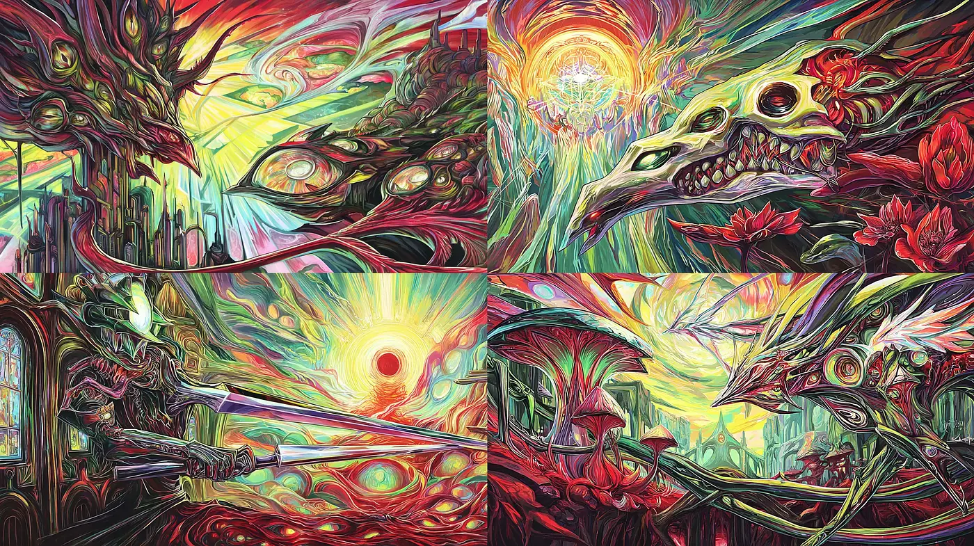 Vibrant Surrealism with Organic Forms and Dynamic Color Palettes - Midjourney sref style