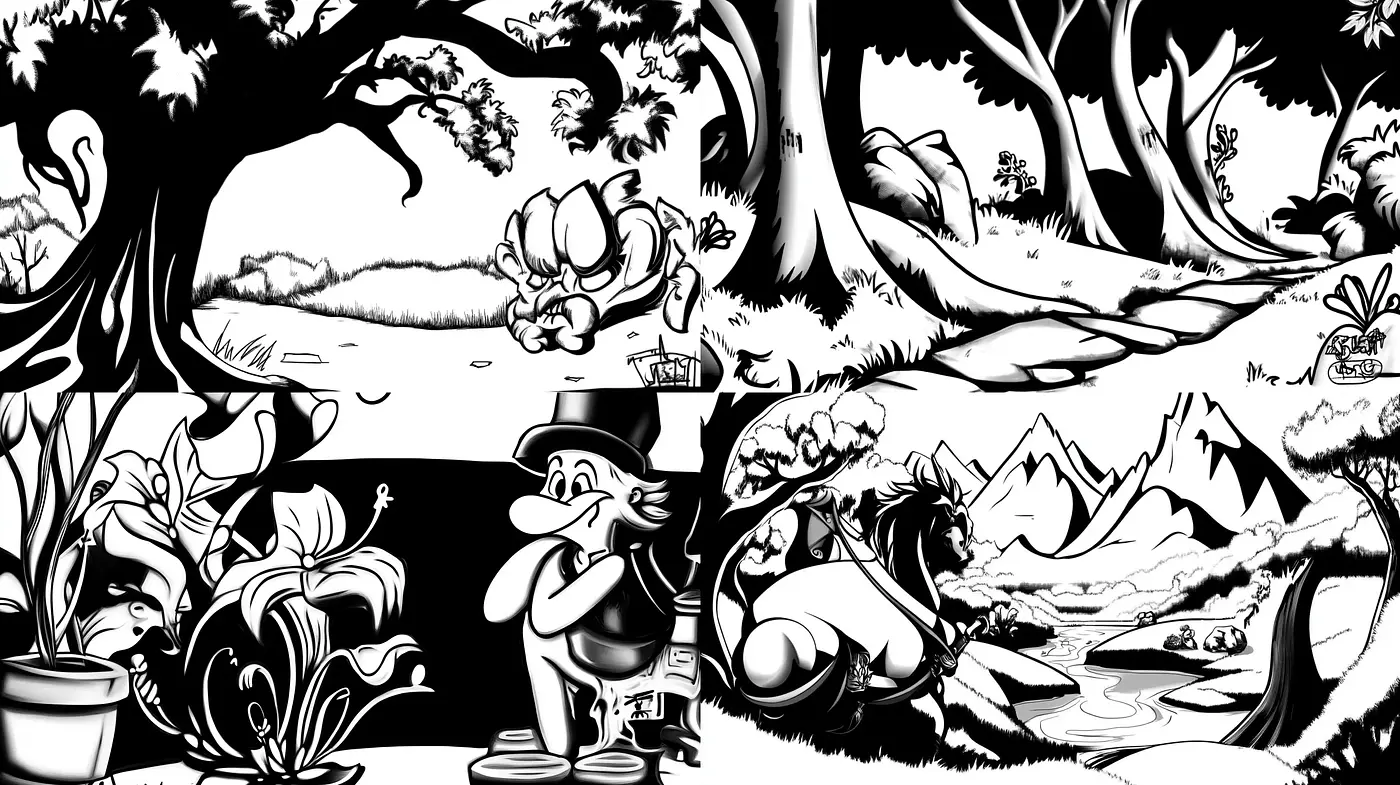 Monochromatic Whimsy in Animated Landscapes - Midjourney sref style