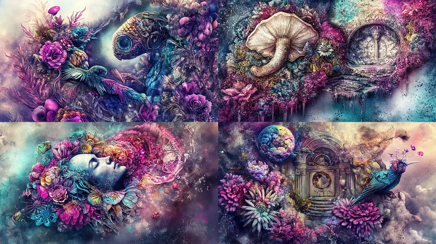 Surreal Dreamscape Elegance with Vivid Floral Overtones - Midjourney sref style