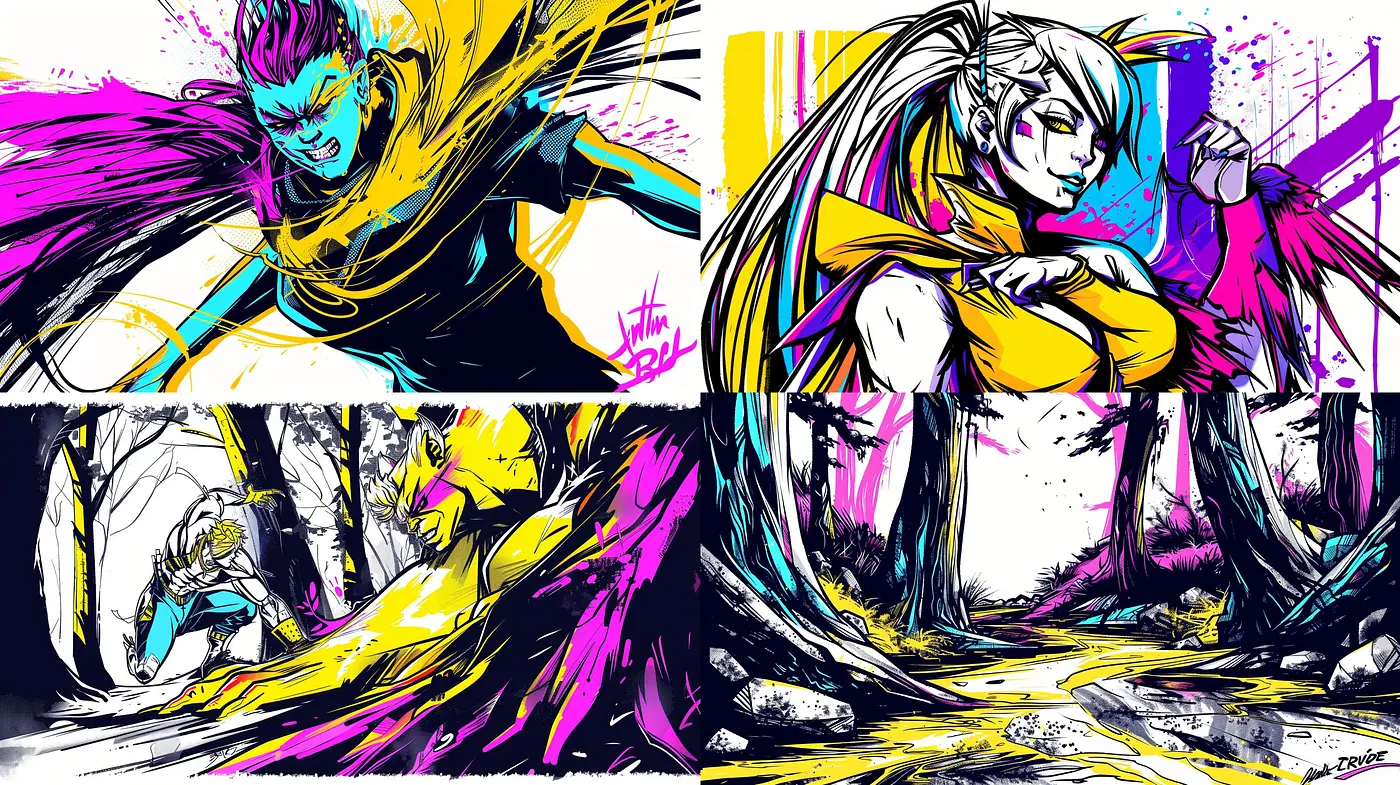 Vibrant Comic-Inspired Fusion with Bold Contrasts and Energetic Strokes - Midjourney sref style
