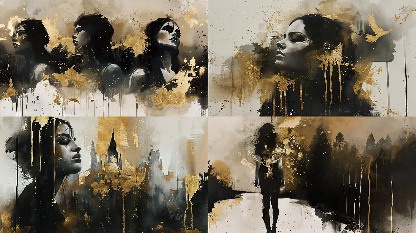 Melancholic Drips and Golden Hues: Abstract Expressive Artistry - Midjourney sref style