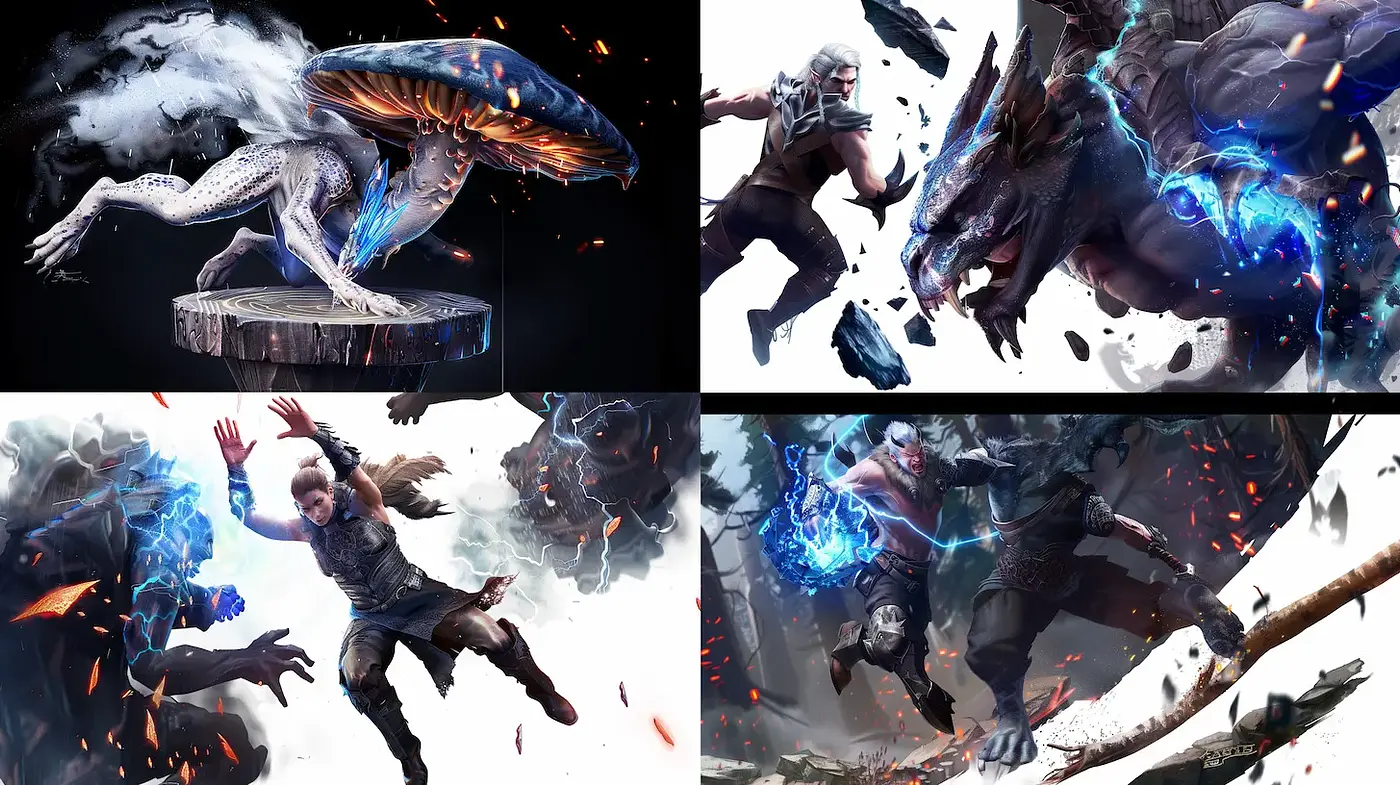 Surreal Fantasy Art with Dynamic Action and Ethereal Elements - Midjourney sref style