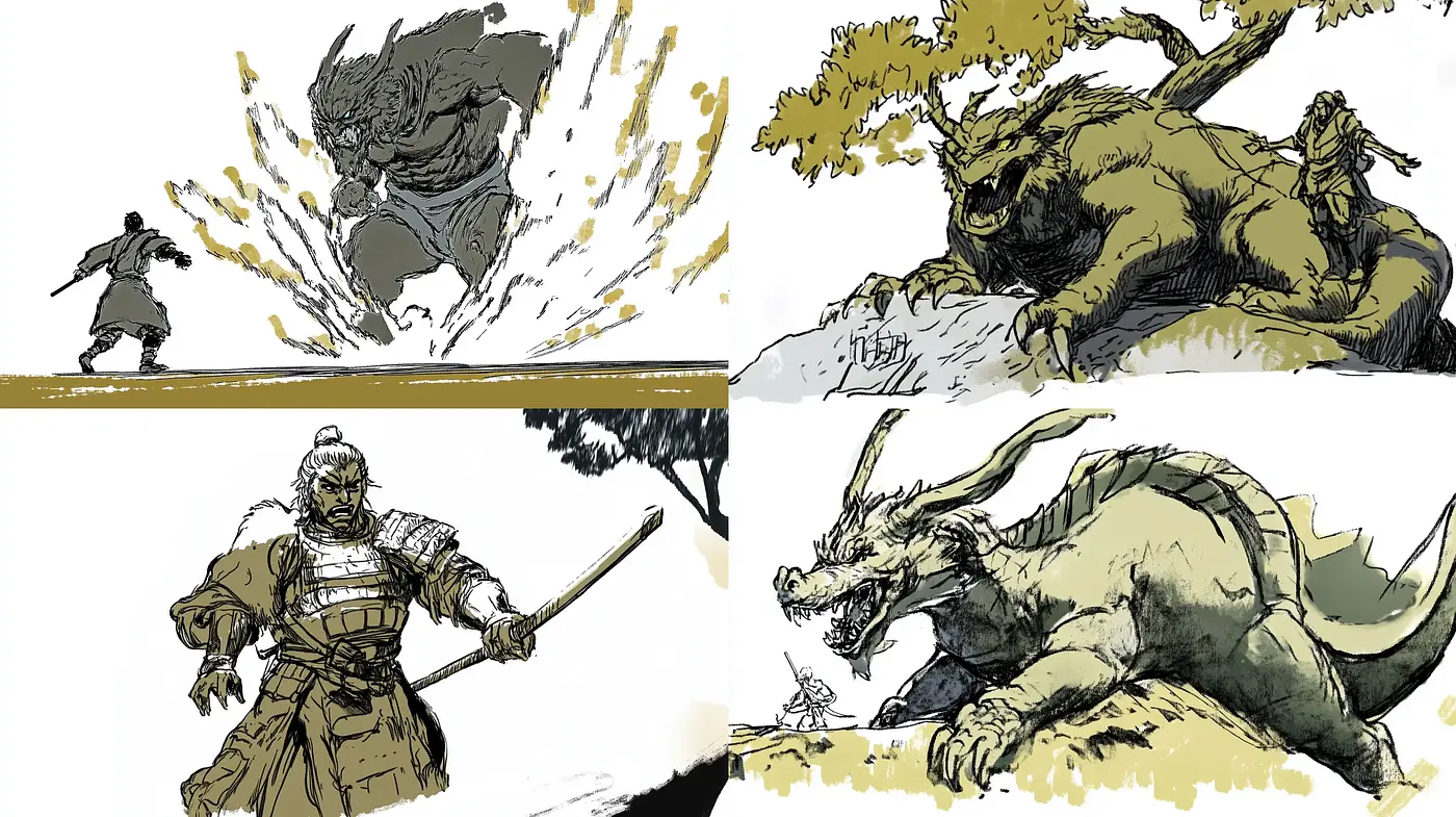 Inked Mythical Storyboard Artistry - Midjourney sref style