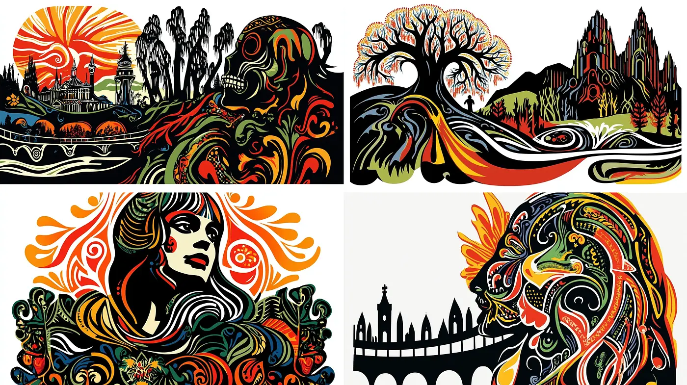 Abstract Silhouette Symphony: A Dance of Vivid Contrasts and Bold Linework - Midjourney sref style