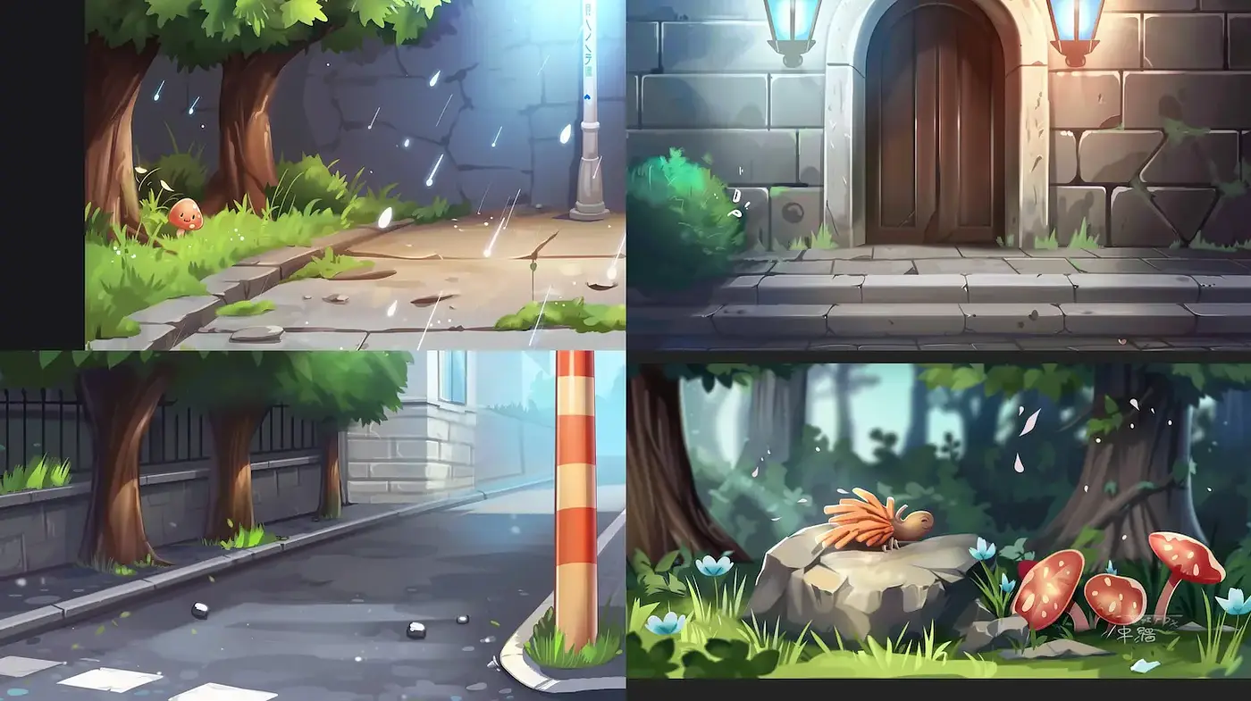 A Consistent Yet Diverse Exploration of Lush Environments with Whimsical Touches - Midjourney sref style