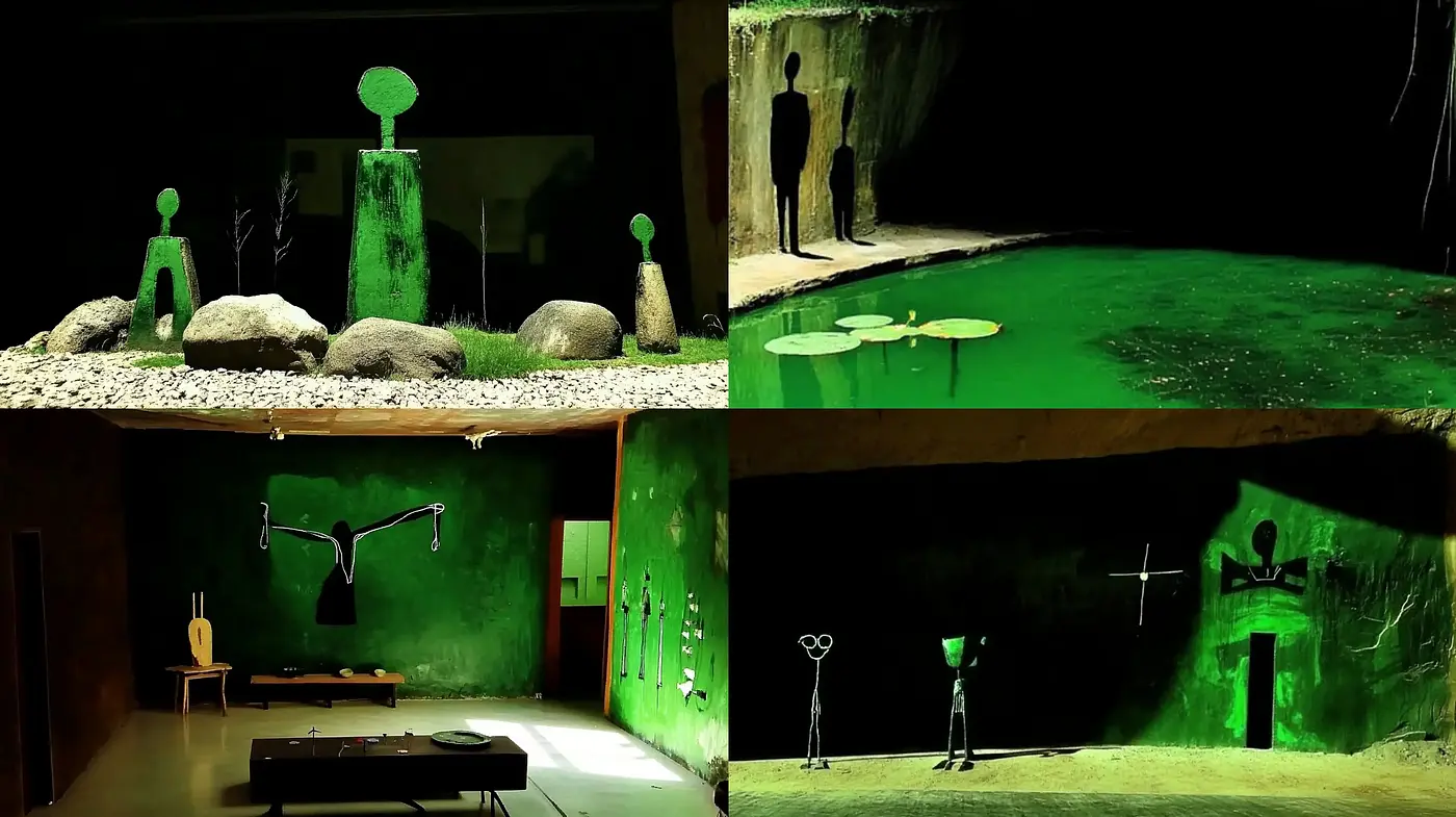 Emerald Nocturne: The Interplay of Shadow and Luminescent Green in Surreal Vignettes - Midjourney sref style