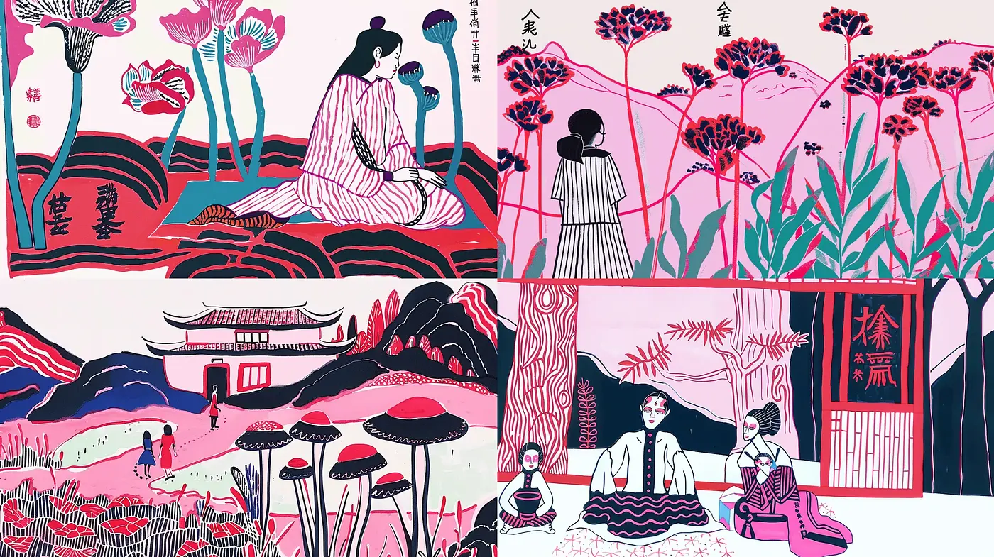 Stylized Oriental Harmony in a Contemporary Two-Tone Palette - Midjourney sref style