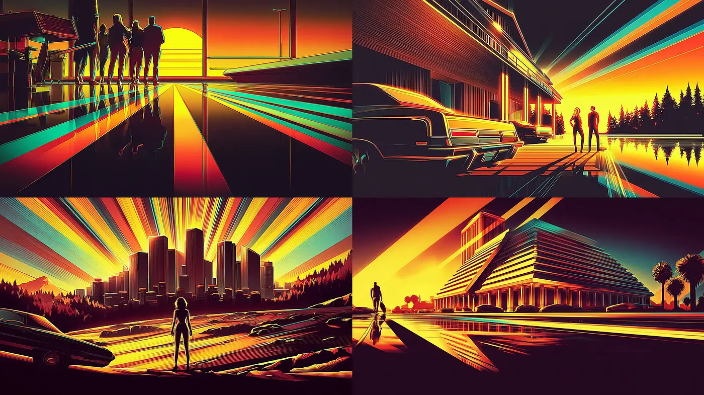Dynamic Neon Sunset Aesthetic with Retro Influence - Midjourney sref style