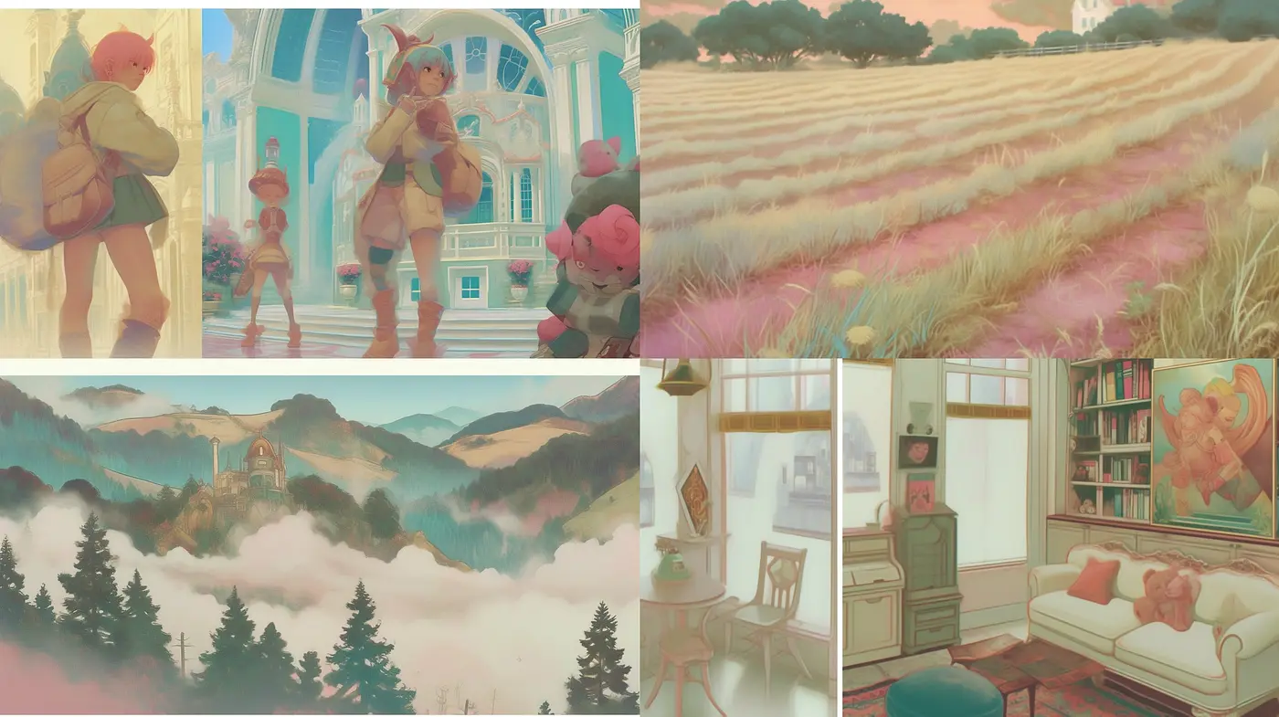 Ethereal Pastel Dreamscape: A Soft-Hued Panorama Bridging Anime and Impressionism - Midjourney sref style