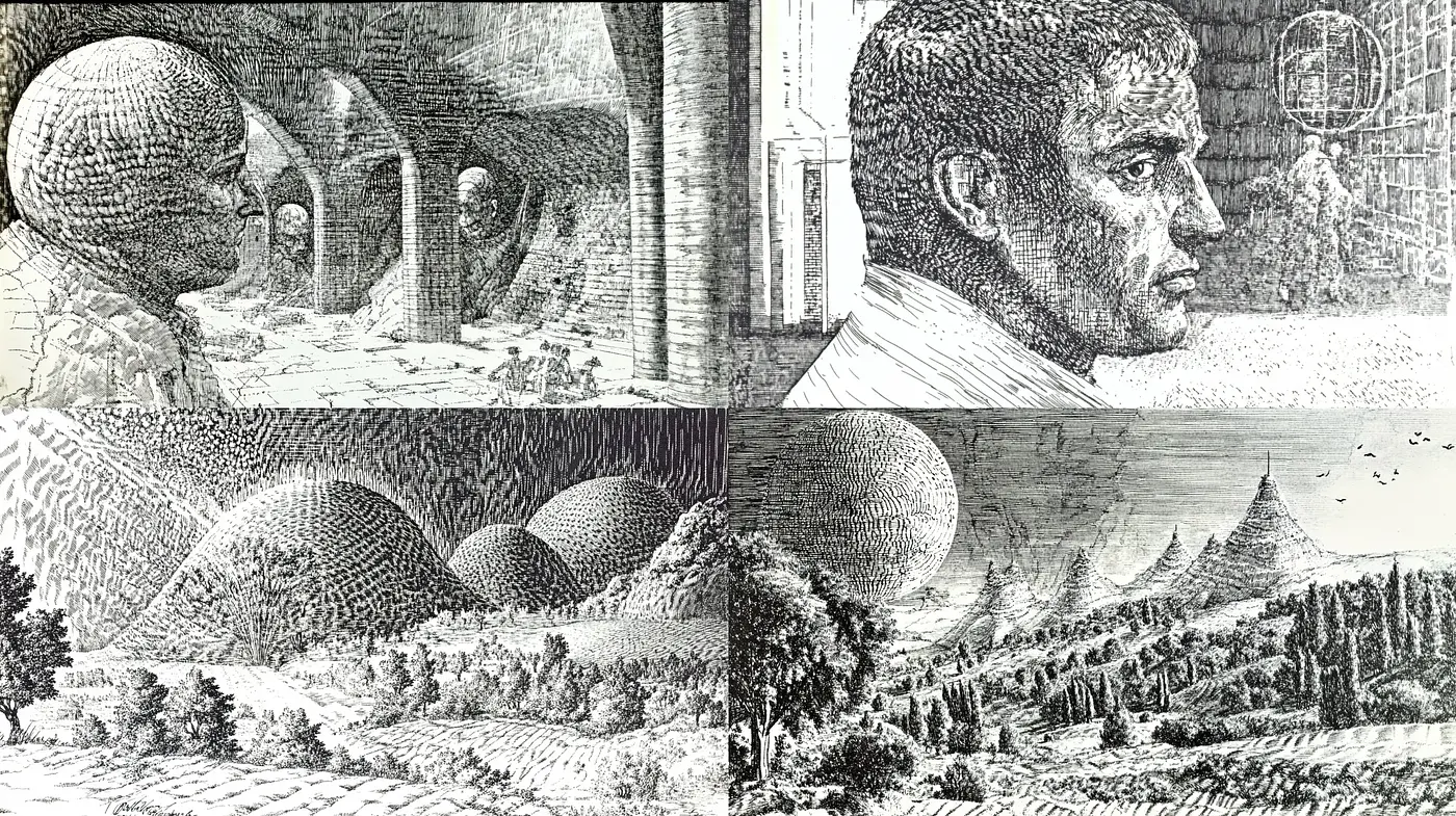 Ethereal Dreamscape Etchings in Monochromatic Vision - Midjourney sref style