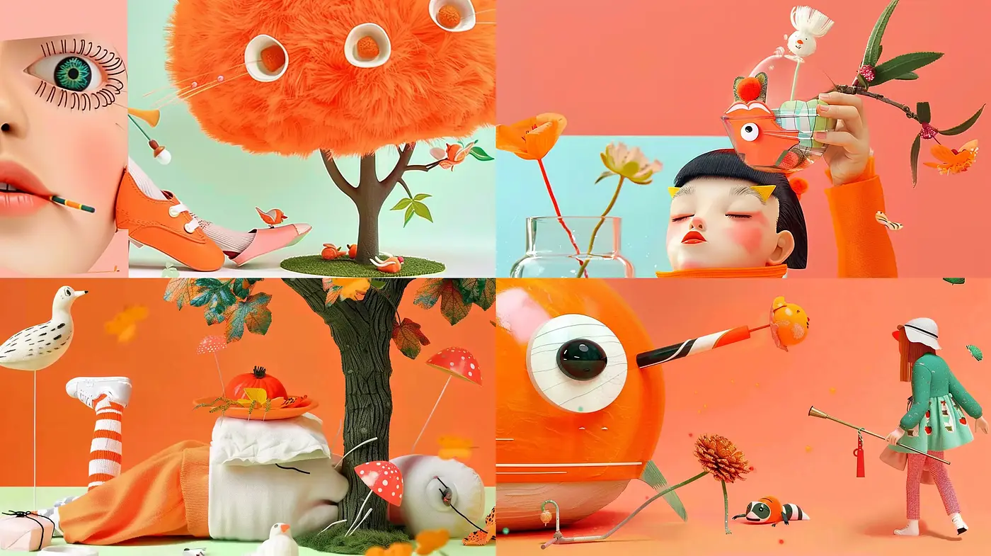 Whimsical Tangerine Dreamscape: A Vivid and Surreal Fusion of Photorealism and Digital Art - Midjourney sref style