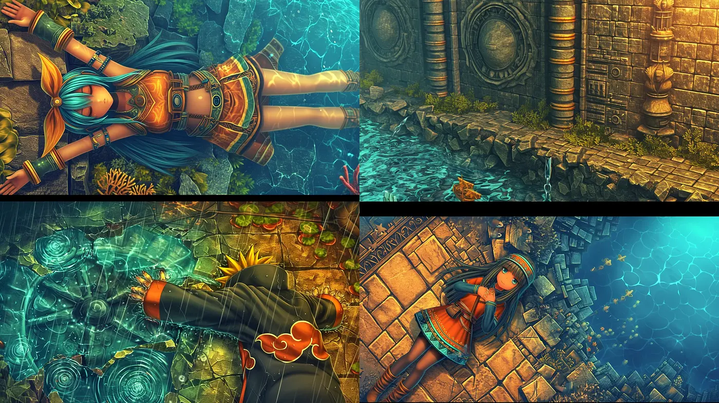 Submerged Echoes of Fantasy: Cohesive Aquatic Hues in Digital Illustration - Midjourney sref style