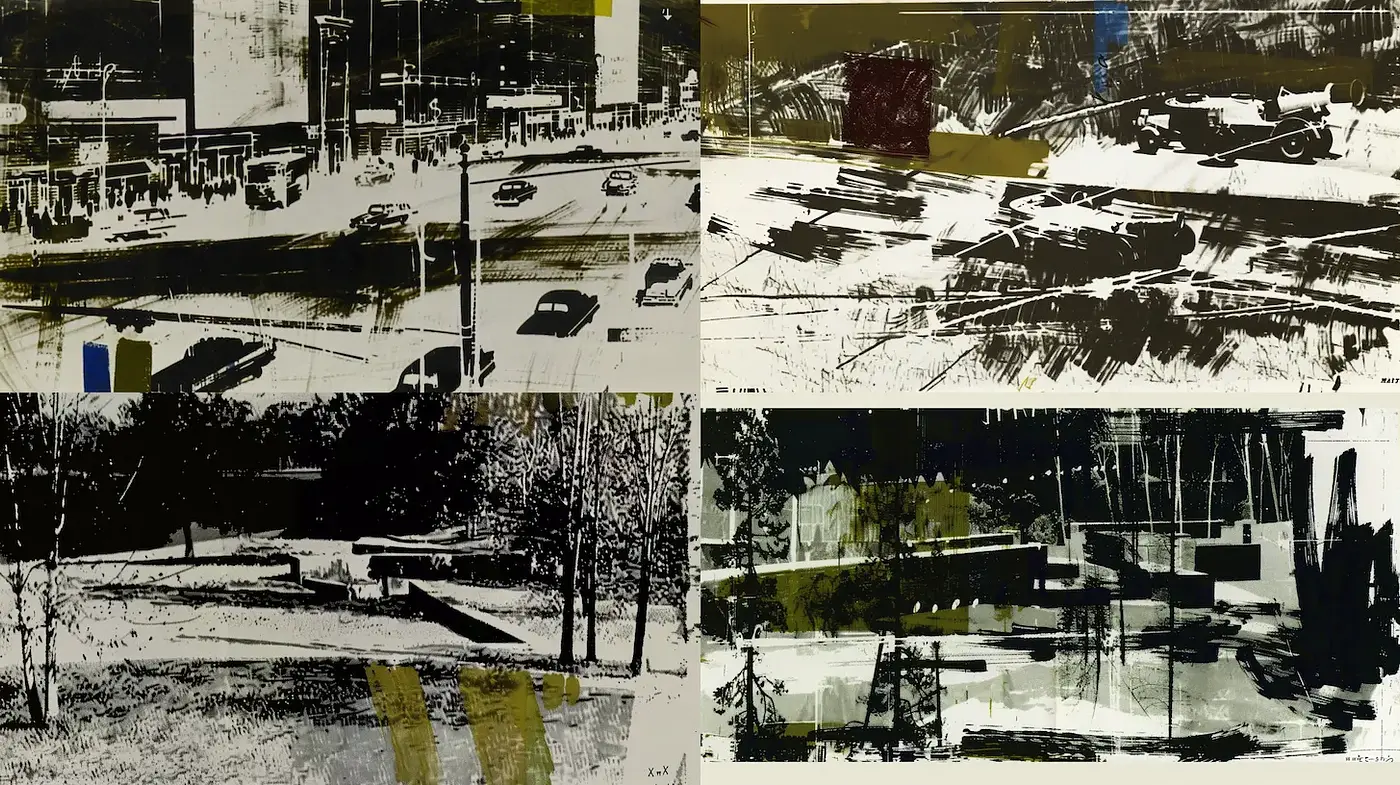 Dynamic Urban Landscapes with a Monochromatic Touch - Midjourney sref style