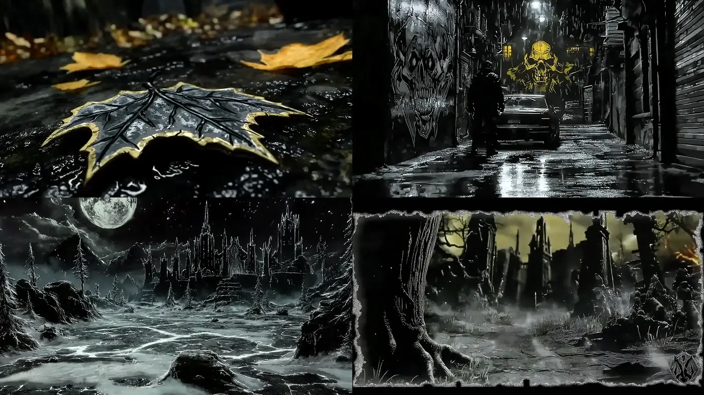 Gothic Noir Panorama: A Homage to Dark Ambience and Striking Texture - Midjourney sref style