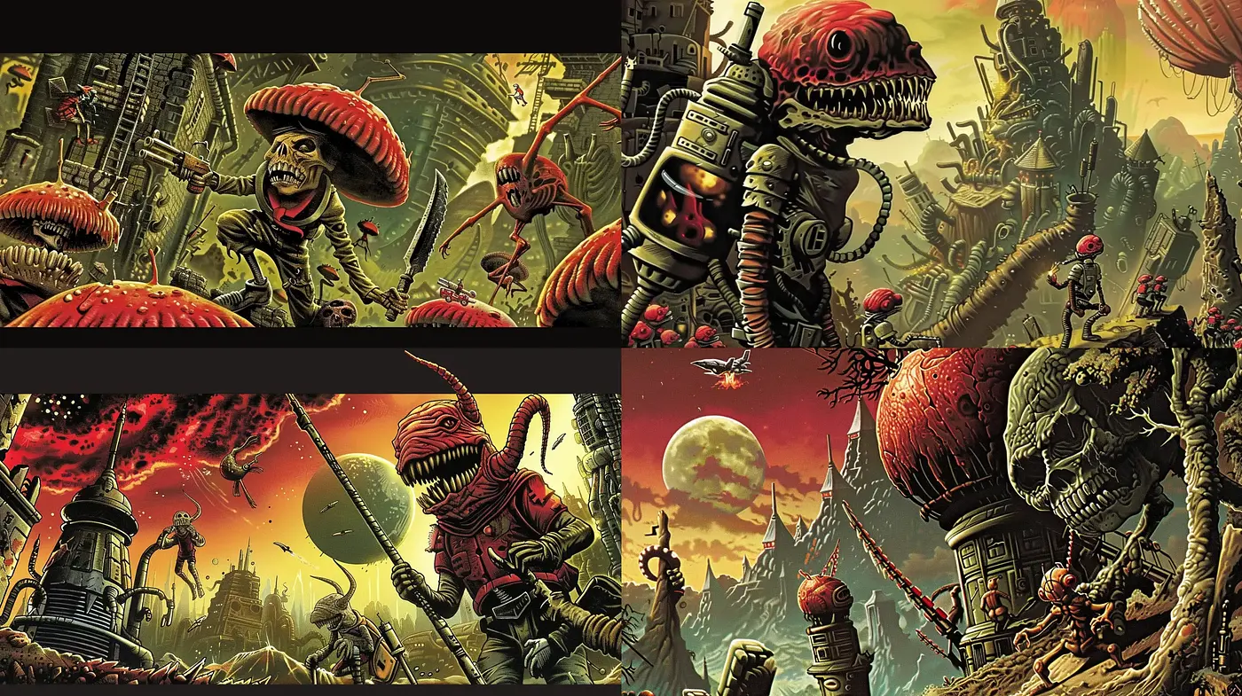 Apocalyptic Dystopian Fantasia with Surreal Mechanical Lifeforms - Midjourney sref style