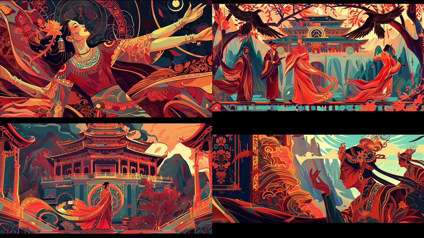 Mythical Tapestry of Opulent Hues and Elegant Forms - Midjourney sref style