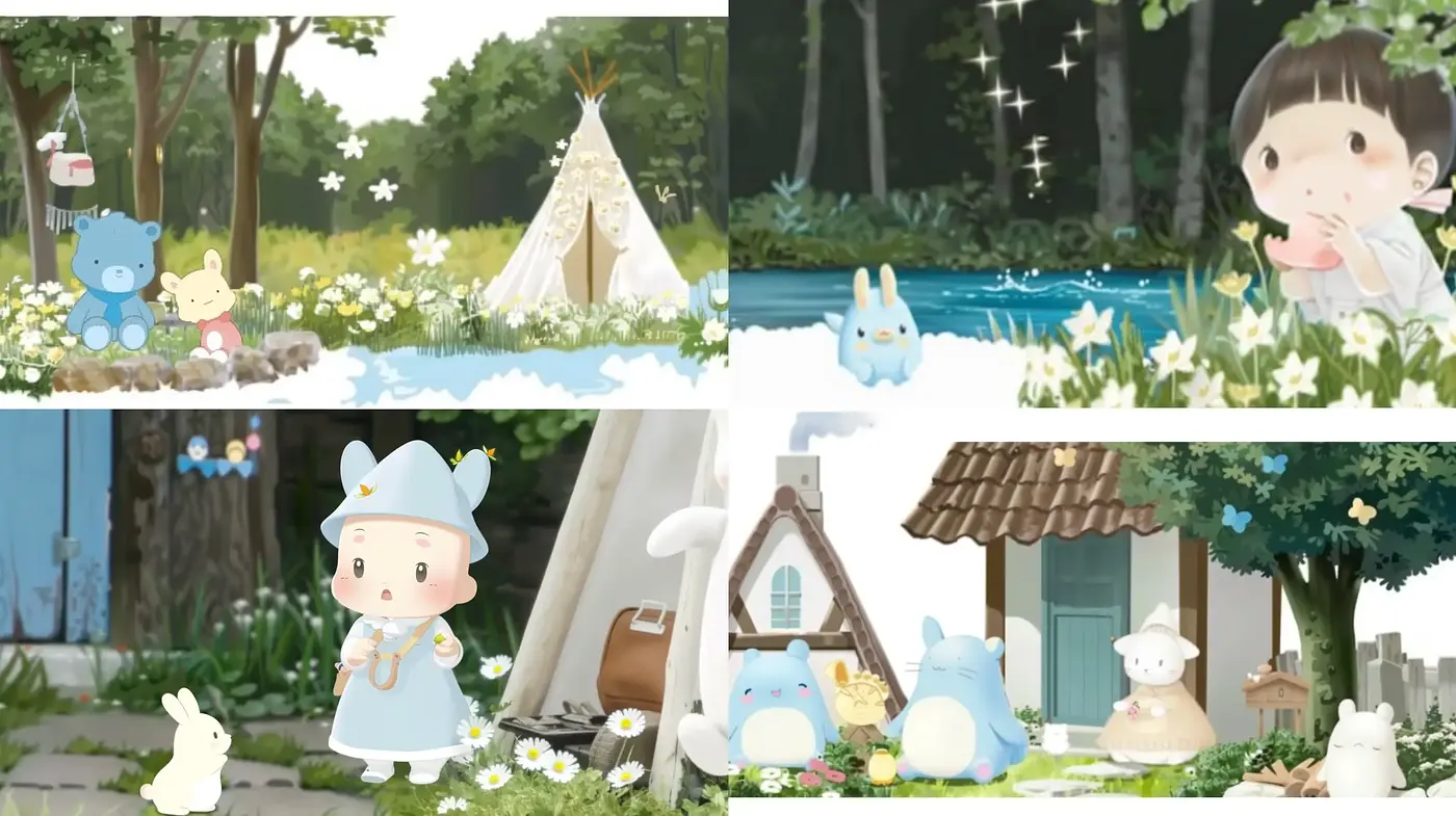 Serene Pastoral Whimsy: A Blend of Soft Storybook Illustration and Gentle Anime Influence - Midjourney sref style