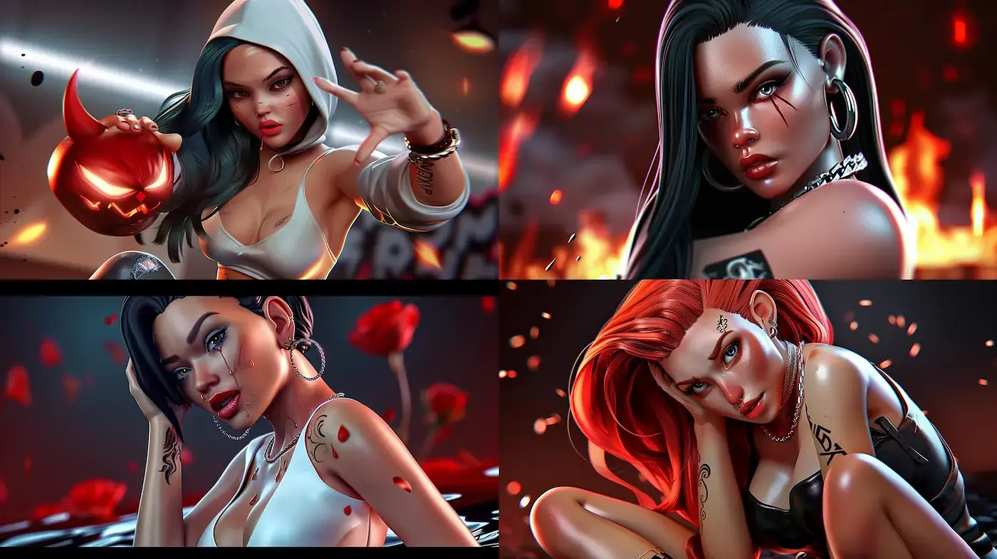 Dynamic and alluring digital illustration showcasing characters with bold aesthetics - Midjourney sref style