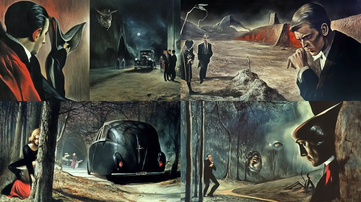 Surreal Noir Vistas: A Dreamlike Journey Through Twilight Hues - Midjourney sref style
