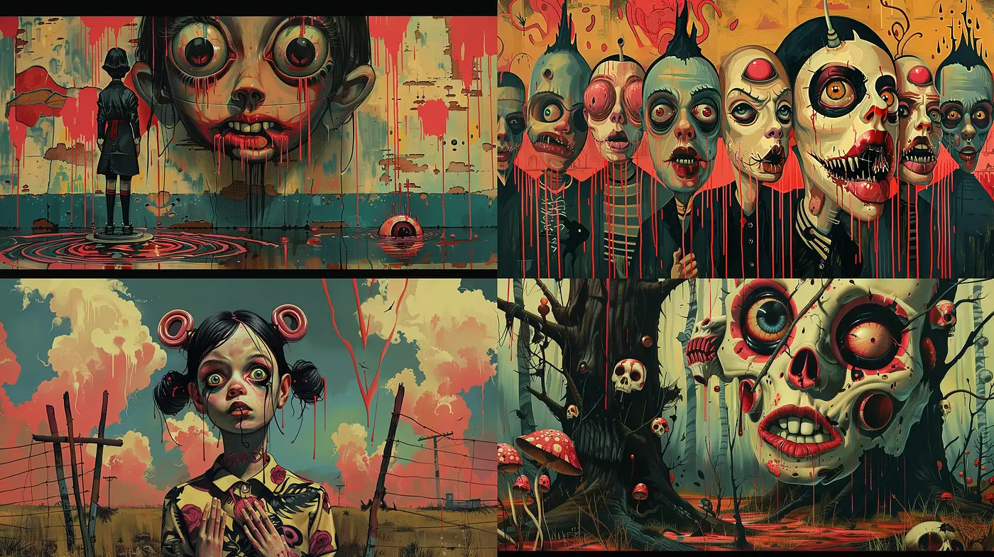 Eerie Surrealist Exploration with Graphic Novel Undertones - Midjourney sref style
