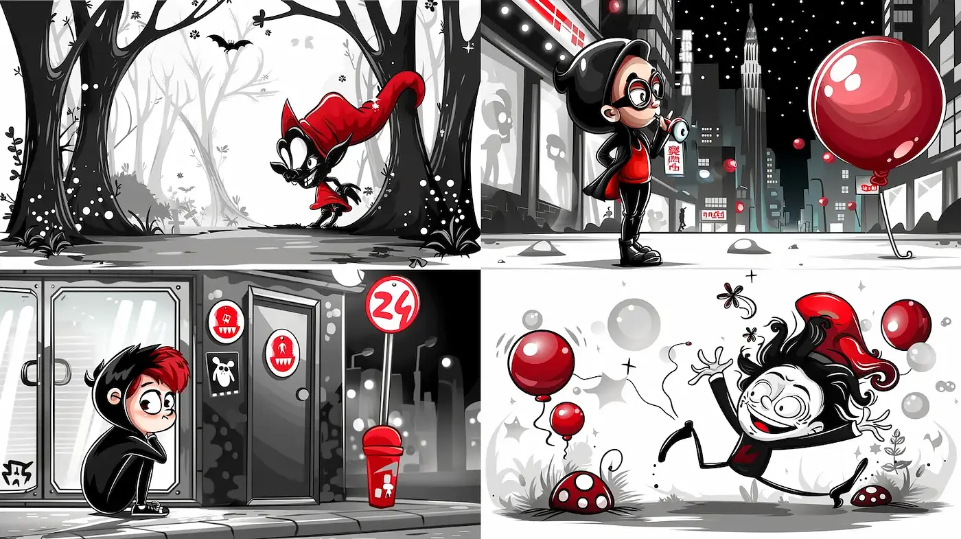 Playful, monochromatic cartoon style with whimsical elements and a hint of nostalgia - Midjourney sref style