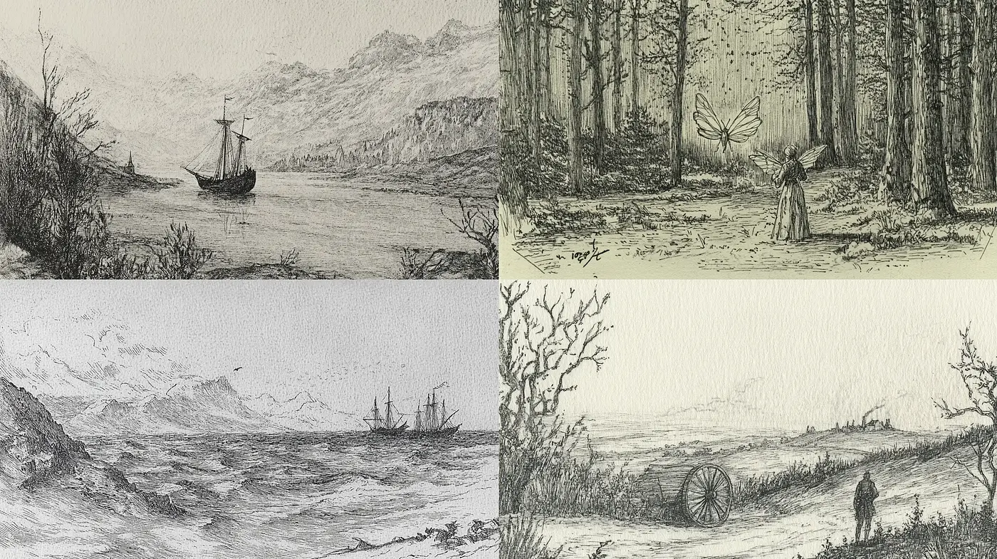 Ethereal Monochromatic Etchings of Natural and Nautical Scenes - Midjourney sref style