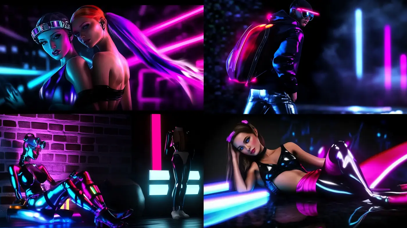 Neon-Noir Dreamscape: A Dazzling Fusion of Cyberpunk Aesthetics and Luminescent Visions - Midjourney sref style