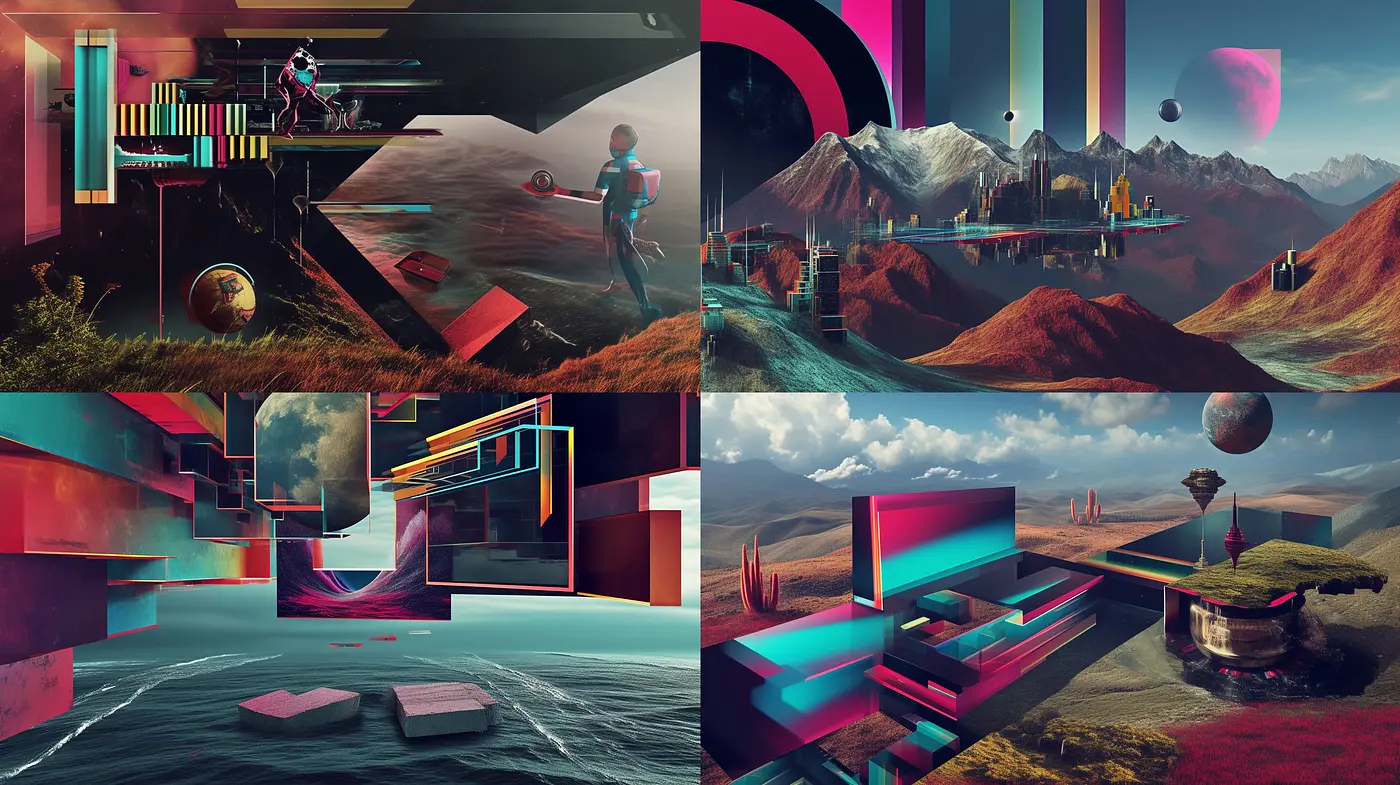 Synthetic Dreamscape: A Surreal Fusion of Retro-Futurism and Geometric Abstraction - Midjourney sref style