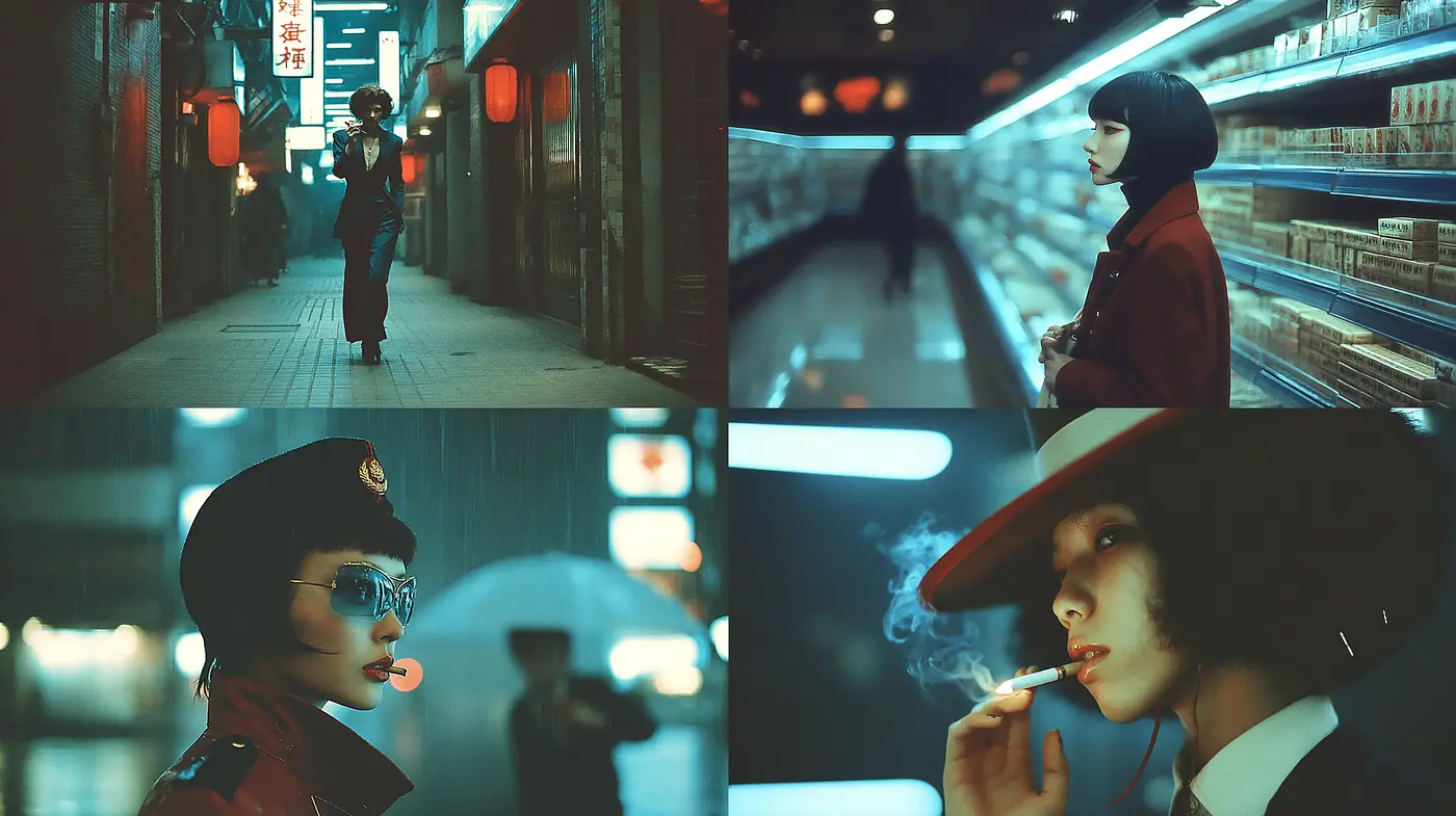 Cinematic Futuristic Noir with a Retro Aesthetic - Midjourney sref style