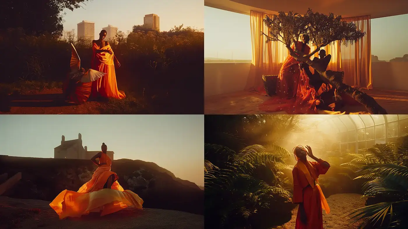 Elegant and ethereal photography with rich textures and warm tones - Midjourney sref style