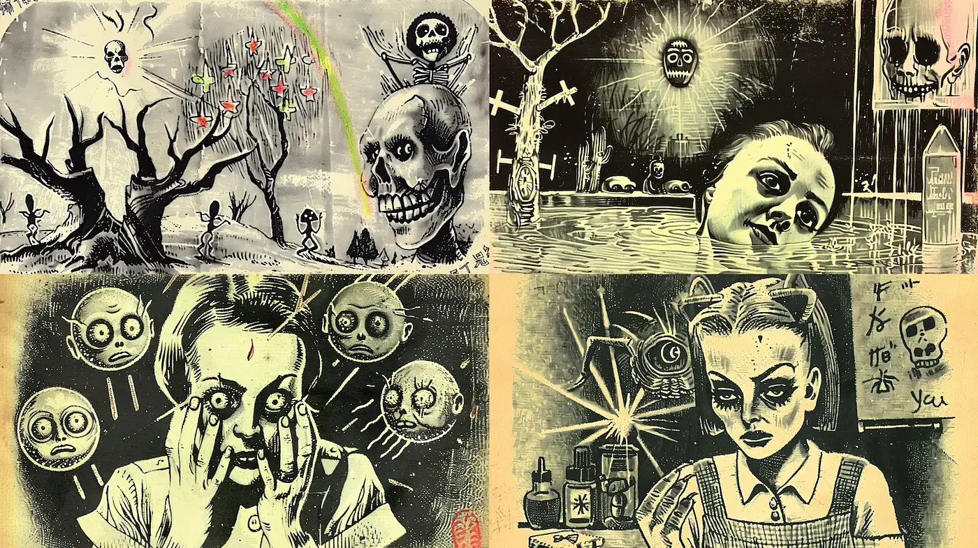 Surreal and Macabre Illustrations with Dark Themes and Distinct Character Designs - Midjourney sref style