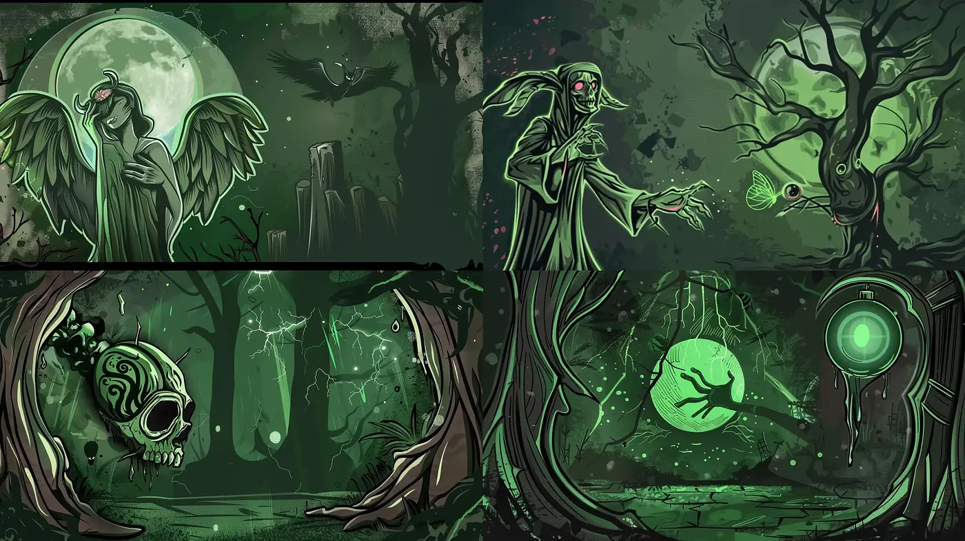 Eerie Enchanted Nocturnes in a Stylized Comic Illustration - Midjourney sref style