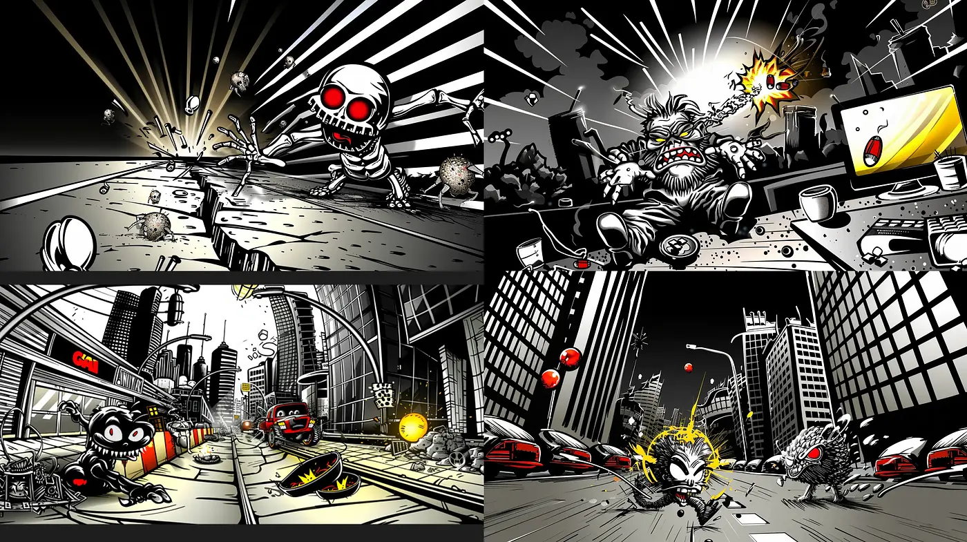 Dynamic Comic Book Mayhem with Vibrant Noir Undertones - Midjourney sref style