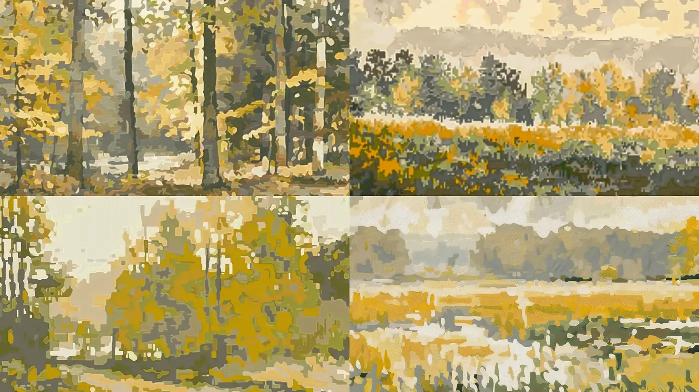 Autumnal Hues in Stippled Impressionist Tranquility - Midjourney sref style