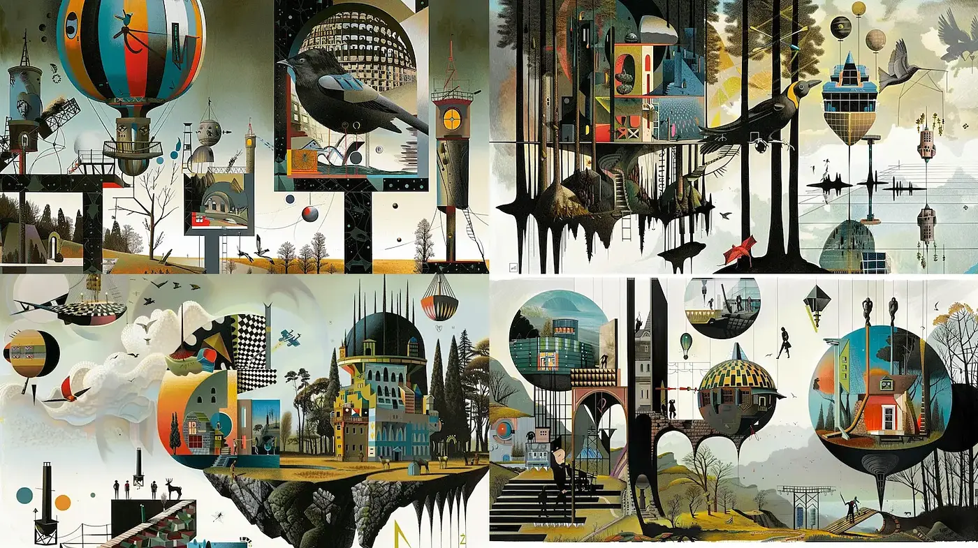 Surrealistic Landscape with a Whimsical, Retro Futuristic Aesthetic - Midjourney sref style