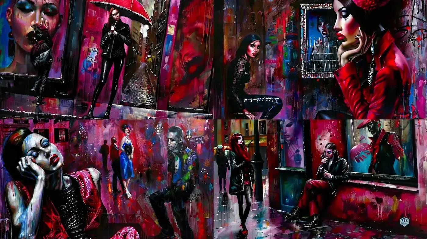 Urban Nocturne: A Fusion of Neon and Melancholy in a Surrealist Streetscape - Midjourney sref style
