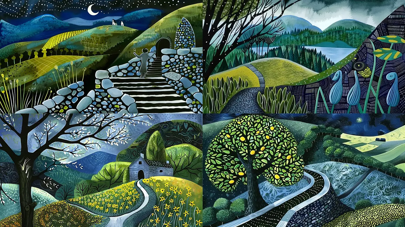 Enchanted Midnight Narratives in Lush Chromatic Textures - Midjourney sref style