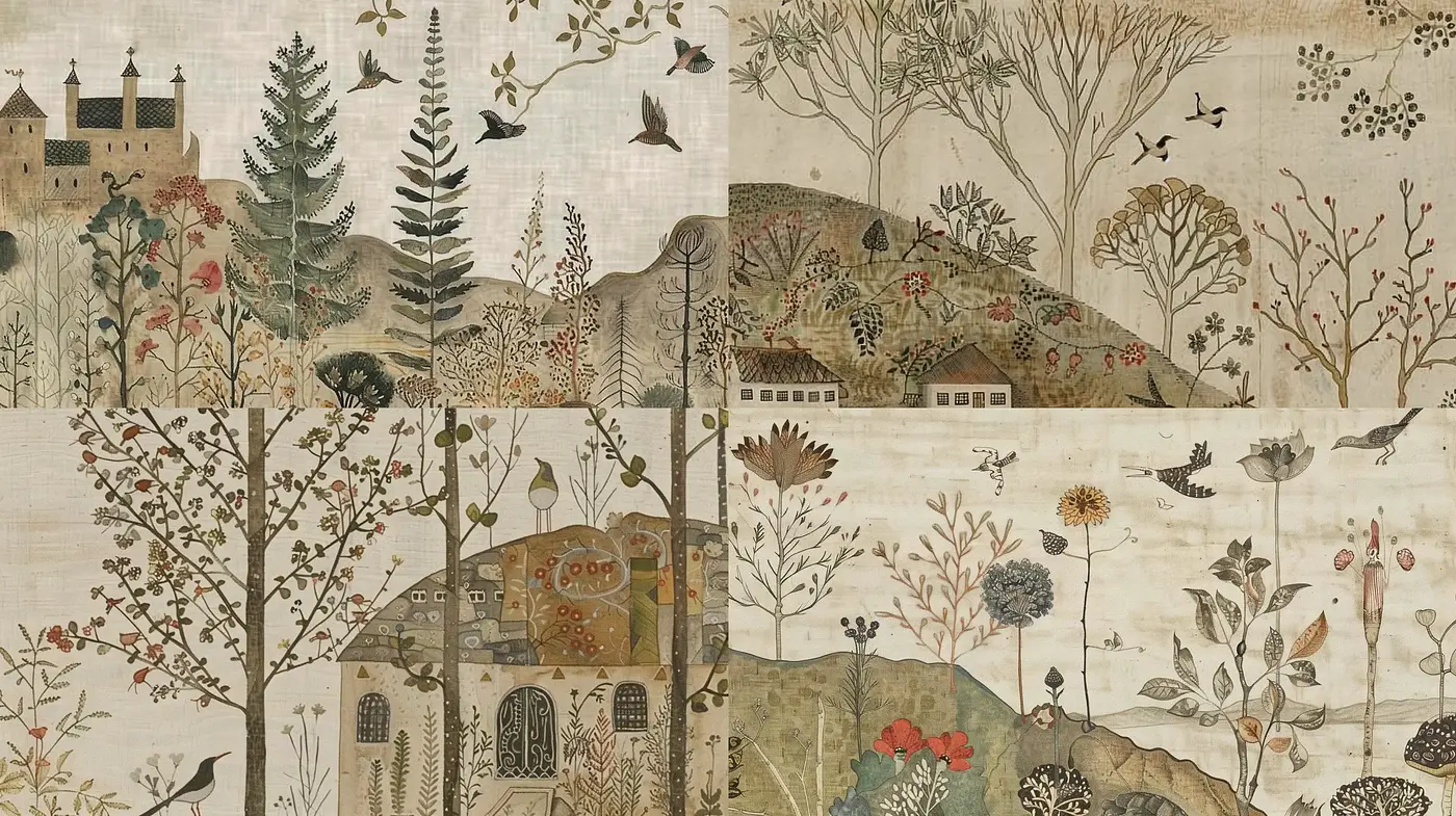 Whimsical Nature Tapestry with Earthy Tones and Medieval Charm - Midjourney sref style