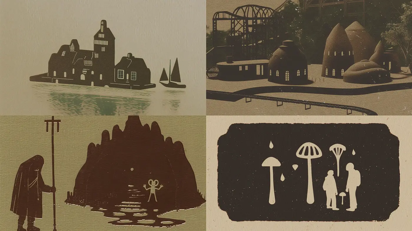 Sepia-Toned Silhouette Storytelling Art - Midjourney sref style