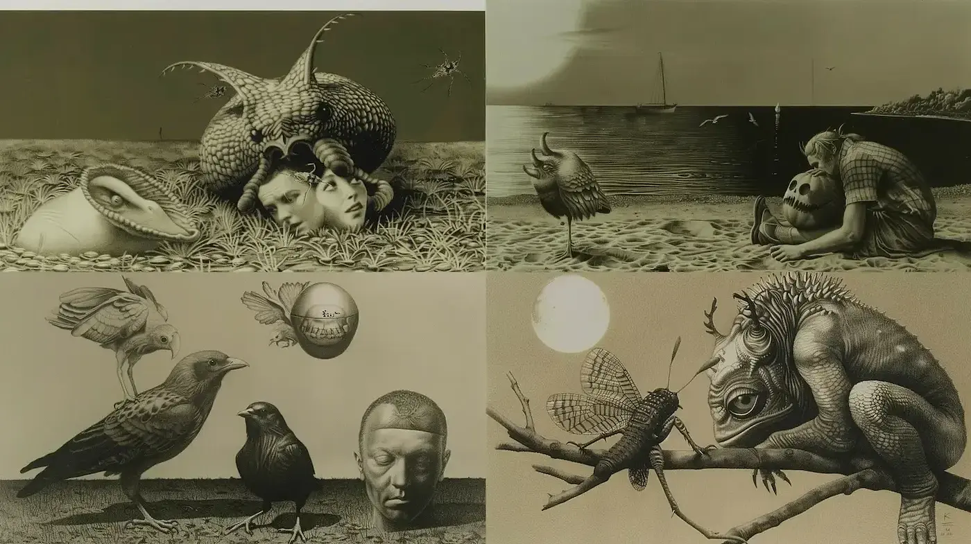 Intricate Surrealism with a Vintage Touch - Midjourney sref style